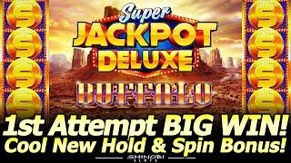 BIG WIN Bonus in NEW Super Jackpot Deluxe Buffalo Slot!  Fun Hold and Spin Feature in my 1st Attempt