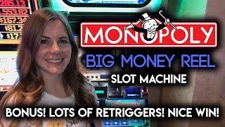 Max Bet! Bonuses + Re-Triggers on Monopoly BIG MONEY Reel! Nice WIN!