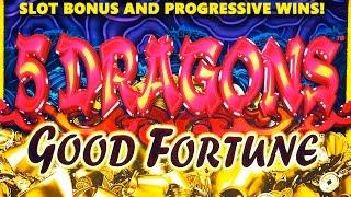 5 DRAGONS Good Fortune Slot  - Slot Bonus WIn + Progressive Wins - Slot Machine Bonus