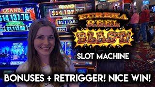 BONUSES and RE-TRIGGER! Lock-it Link Eureka Reel Blast Slot Machine! NICE WIN!!