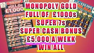SCRATCHCARDS..MONOPOLY GOLD...FULL £1000s..SUPER 7s..£5,000.WEEK..SUPER CASH BONUS..WIN ALL..