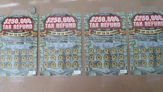 Playing FOUR $5 Instant Lottery Scratch Off Tickets - $250,000 Tax Refund