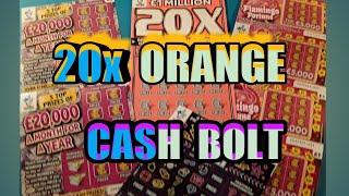 Scratchcards..£25.00 worth.....20x Orange..Cash Bolt..£20,000 Month..Flamingo Fortunes..3-Ways Win
