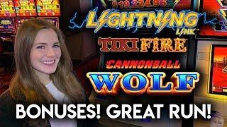 BONUSES! Nice Run on Lightning Link Tiki Fire And Cannonball Wolf Slot Machines!