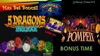 •Aristocrat's 5 Dragons Deluxe• (MAX BET) & Wonder 4 Buffalo Line Hit & Pompeii Slot Machine Bonus
