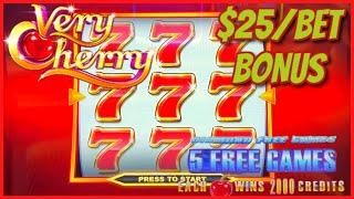 Very Cherry $25 Max Bet Bonus Round HIGH LIMIT Slot Machine Casino for Wannabe Slot Channel Steve