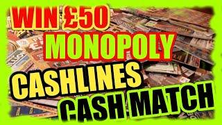 Scratchcards..MONOPOLY..CASH MATCH..CHASHLINES..£100,000 ORANGE..CASH BOLT..WIN £50..