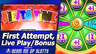 It's Fiesta Time Slot - First Attempt, Live Play with Wheel Bonus, and Free Spins with Multipliers