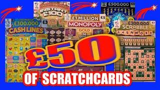 Scratchcards..£50 Worth..MONOPOLY..SCRABBLE CASHWORD..INSTANT £100..CASH LINES..mmmmmmMMM