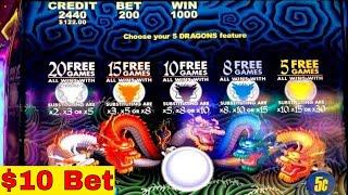 5 Dragons Slot Machine $10 Max Bet Bonuses Won !  Live Slot Play