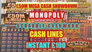 WOW!.WHAT AN ENTERTAINING Scratchcard  Game"MONOPOLY GOLD"Scrabble Cashword "INSTANT £100"Cash Lines
