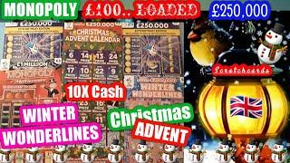 Sunday Scratchcards..Christmas Advent..Monopoly..10X Cash..£100 Loaded.£250,000 Blue