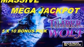 •MASSIVE MEGA WIN JACKPOT!! (5 x10) HAND PAY•Timber Wolf Deluxe Slot machine•$1.50 bet x 1325