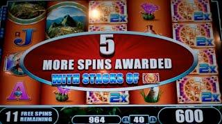 Treasures of Machu Picchu Slot Machine Bonus + 5 Retriggers - Free Spins w/ Stacked Wilds - Nice Win