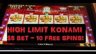 BIG WIN!  KONAMI Temple of Riches $5 Progressive SLOT MACHINE High Limit 10 FREE SPINS BONUS!