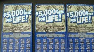 THREE $10 Instant Lottery Tickets - $5,000 a week for life scratchcard video