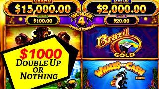 $1000 Double Up or Nothing - Wonder 4 Spinning Fortunes BRAZIL GOLD Slot Machine Max Bet Bonuses
