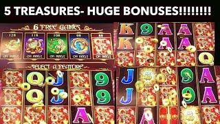 5 Treasures HUGE Bonus Free Spin Rounds - Dragon Symbol Big Wins !
