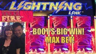 BIG WIN! BOOTS IS ON FIRE ON  LIGHTNING LINK TIKI FIRE SLOT MACHINE!
