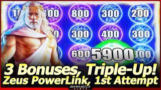 Zeus Power Link Slot Machine - Three Bonuses and a Triple-Up!  Free Spins and Power Link Features!