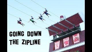 Going down SlotZilla Zoomline on Fremont Street, Las Vegas 114 feet zipline