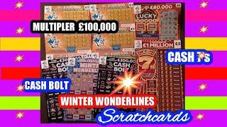 Wow!  ..What A Cracking..Scratchcard Game "Quids in"Wonderlines"Cash Bolt"CASH 7s'"£100,000 yellow