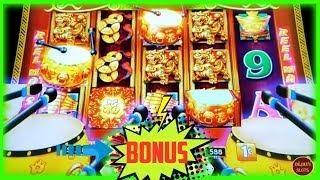 • DANCING DRUMS EXPLOSION 4 COIN TRIGGER • DOWN TO THELAST SPIN BONUS! BUFFALO GOLD